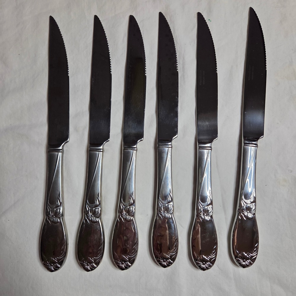 Reed & Barton La Bella Stainless Steel Floral Handle Steak Knives‎ Set of 6